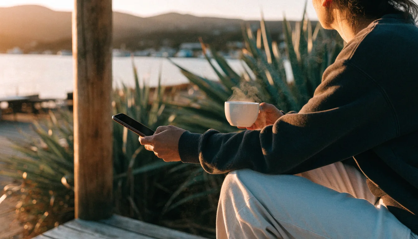 Person relaxing on a New Zealand coastal deck with a phone at golden hour