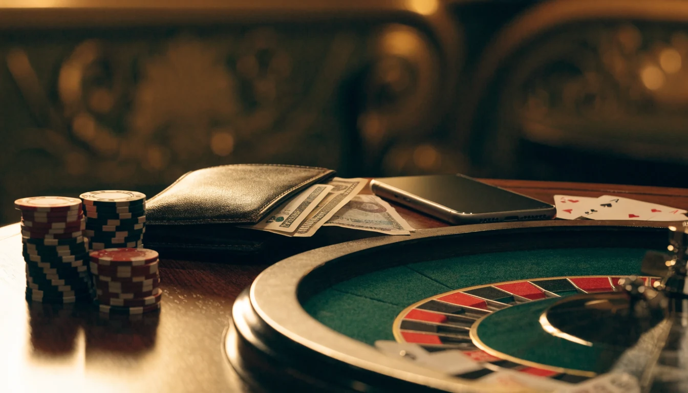 Casino chips, roulette wheel, multi-currency banknotes and a smartphone on a wooden table