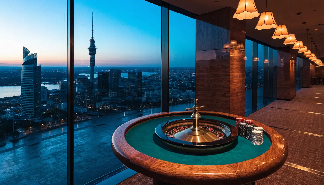 Elegant New Zealand casino interior with roulette wheel, stacked chips and Auckland skyline at dusk.
