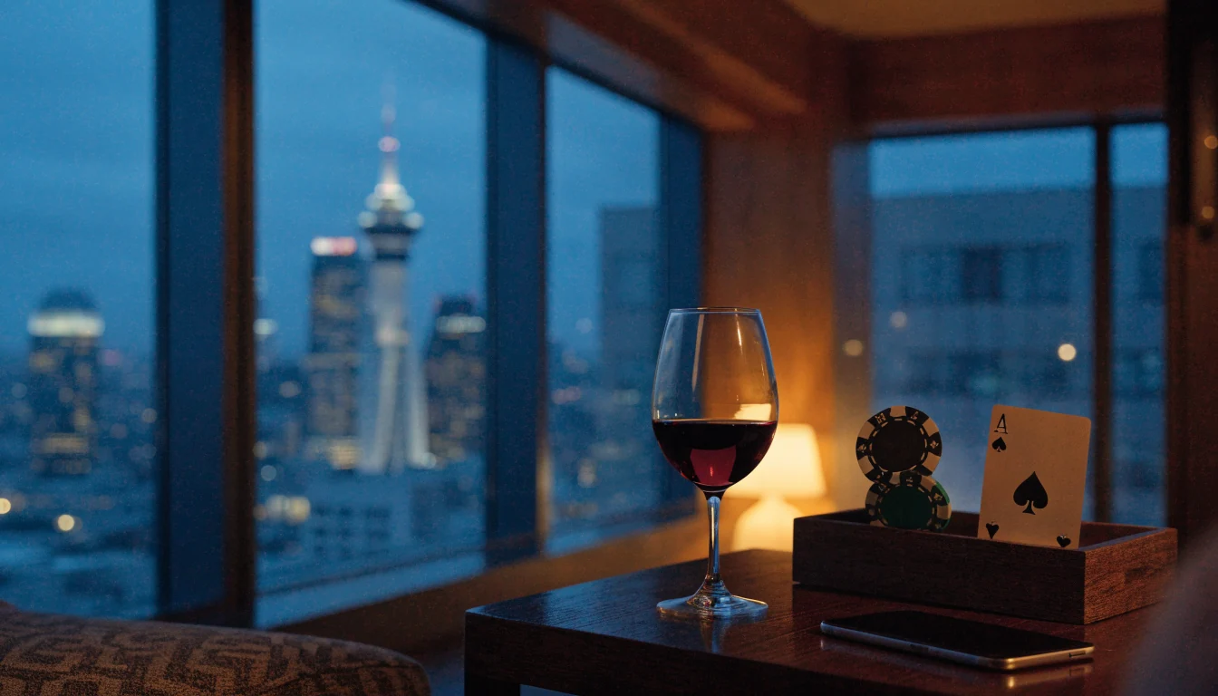 Stylized illustration of a New Zealand apartment scene with casino chips, a card, and a glass of wine at dusk.