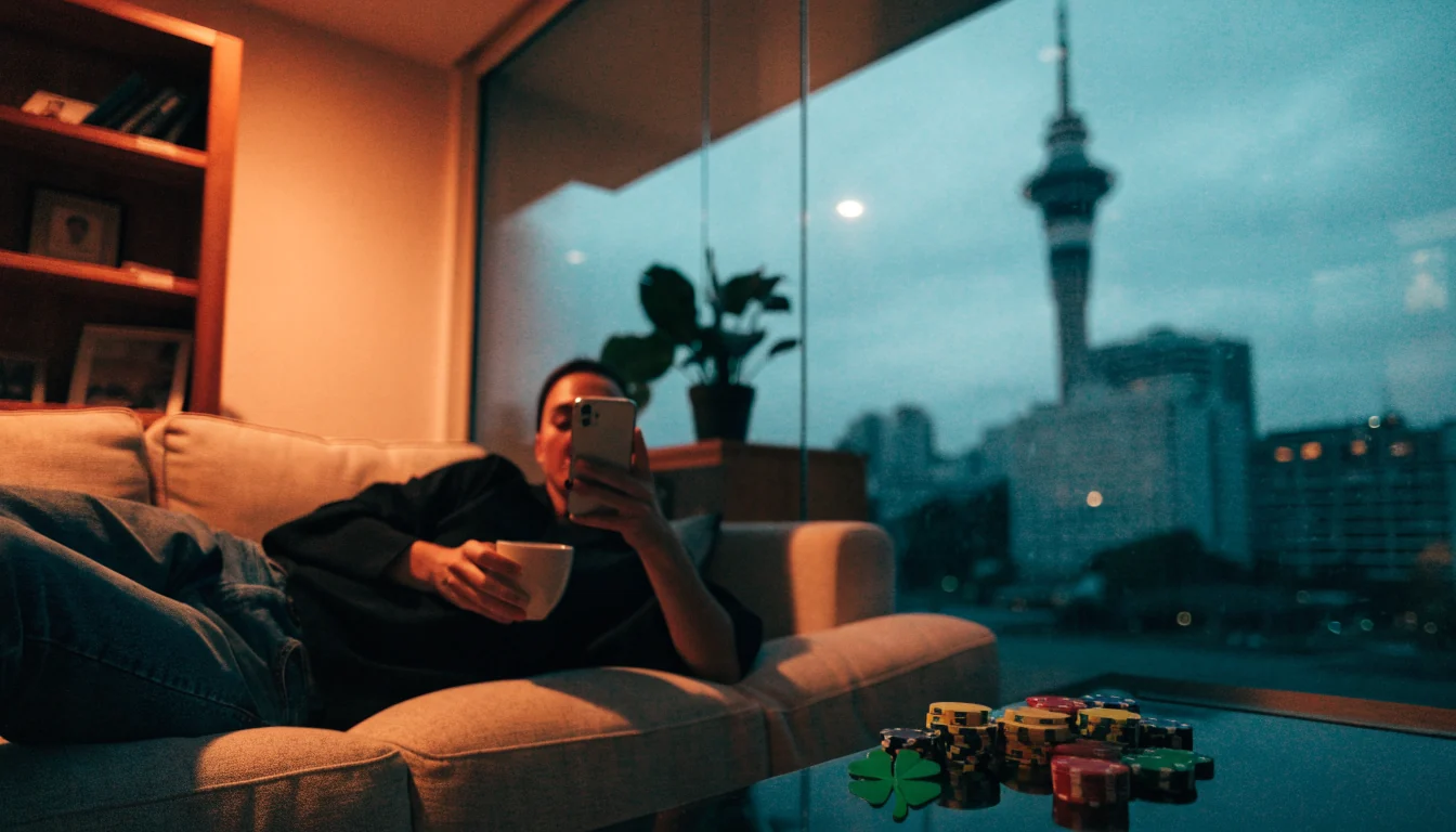 Person relaxing in Auckland home with smartphone and casino chips on table