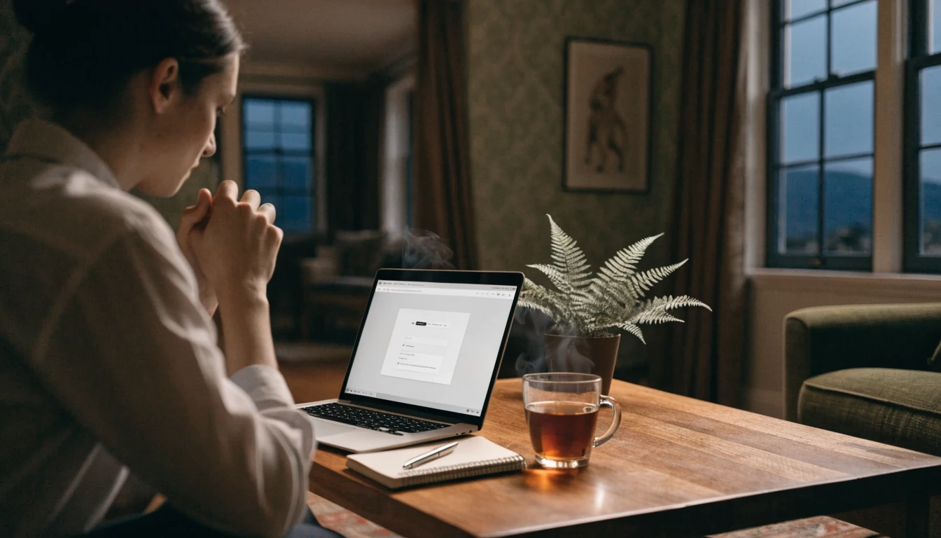 Laptop with neutral screen in a cozy New Zealand living room setting