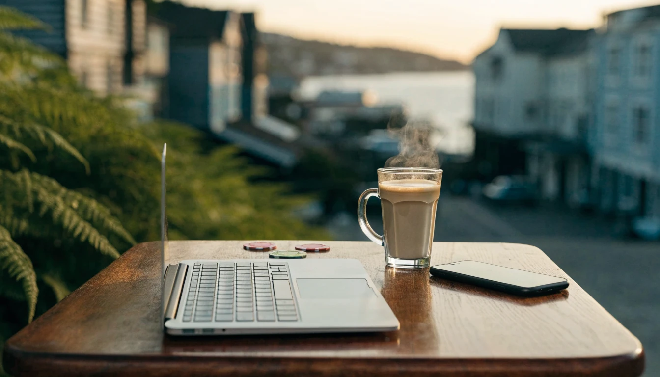 Laptop and phone on a New Zealand cafe table with coffee and casino chips.