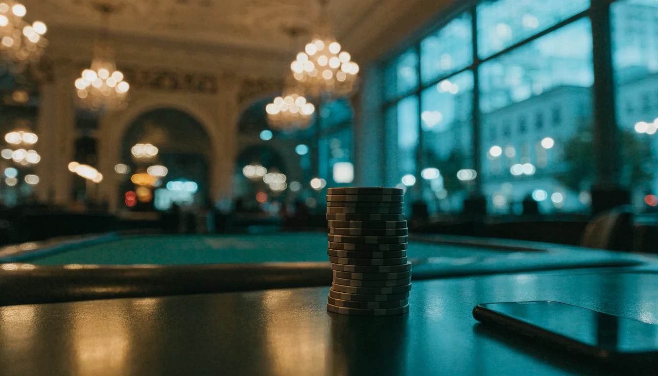Golden casino chips on a green felt table in a dimly lit New Zealand casino at night