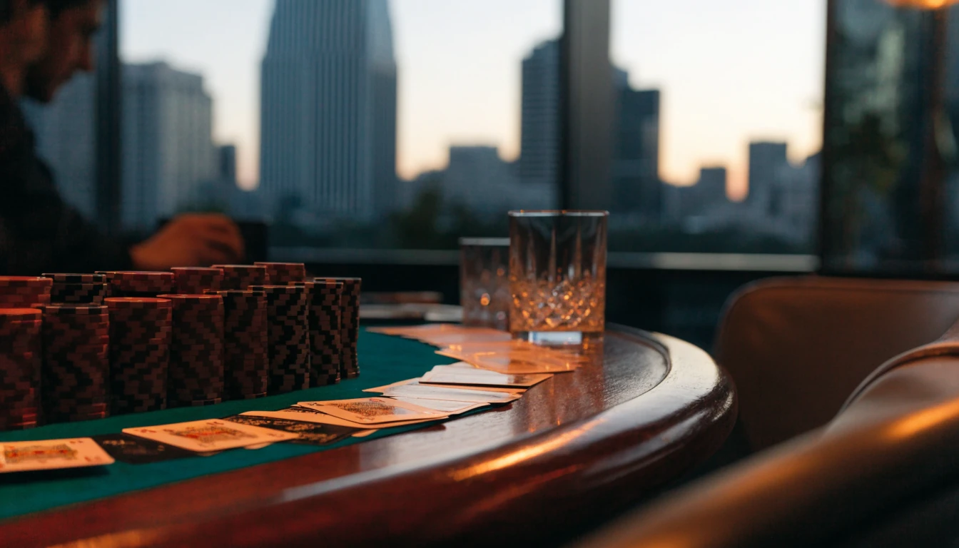 Elegant baccarat table with chips and cards in a luxurious New Zealand setting