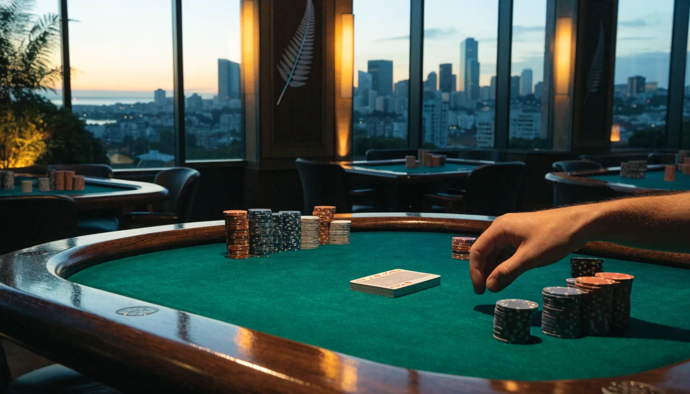 Stylish blackjack table scene in New Zealand casino lounge at twilight