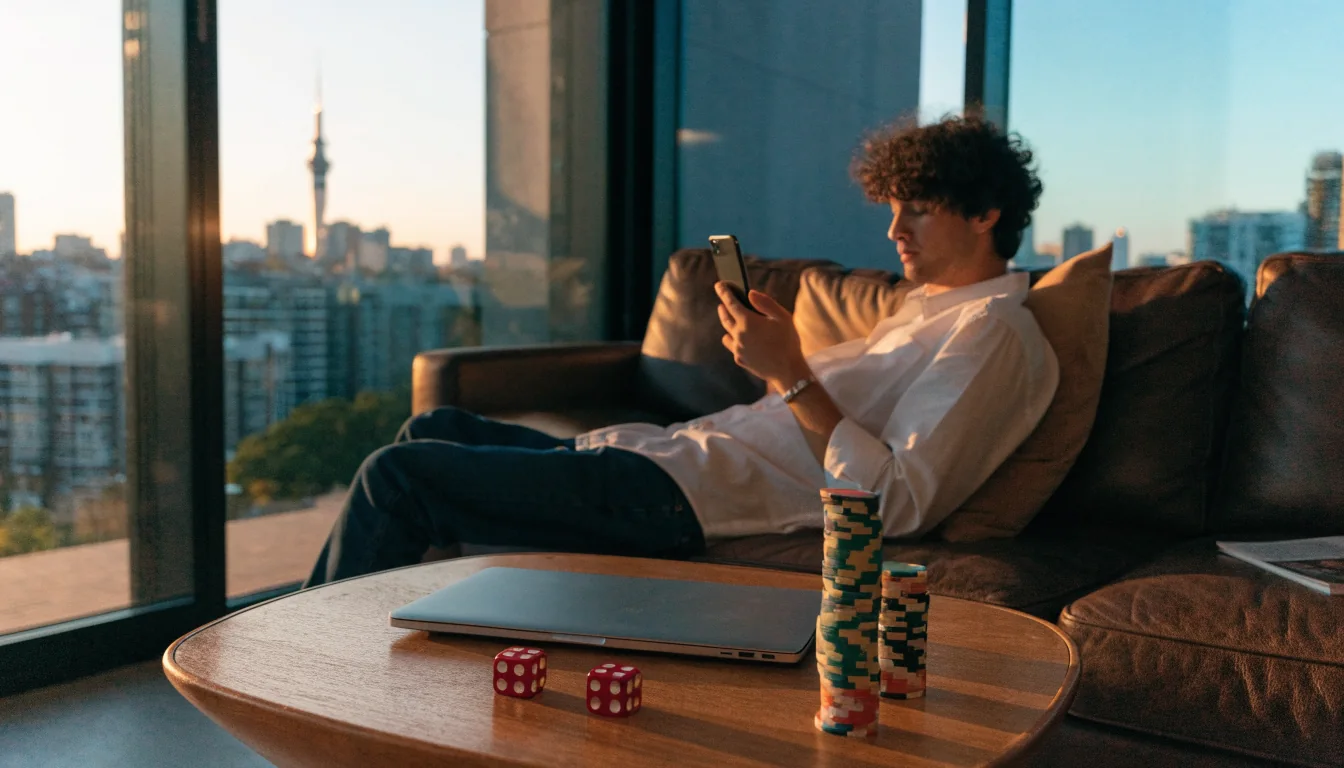 Man in Auckland apartment with dice and poker chips beside a closed laptop