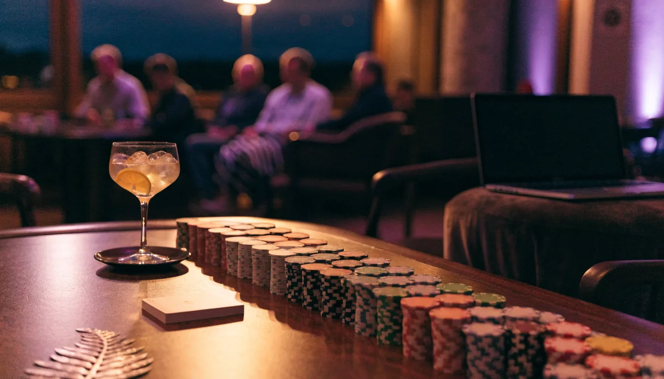 Stylized casino lounge scene with stacked chips, cocktail, and New Zealand fern accents