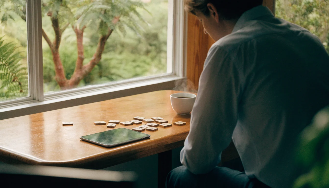 Person at wooden table with keno number tiles near a window overlooking New Zealand greenery