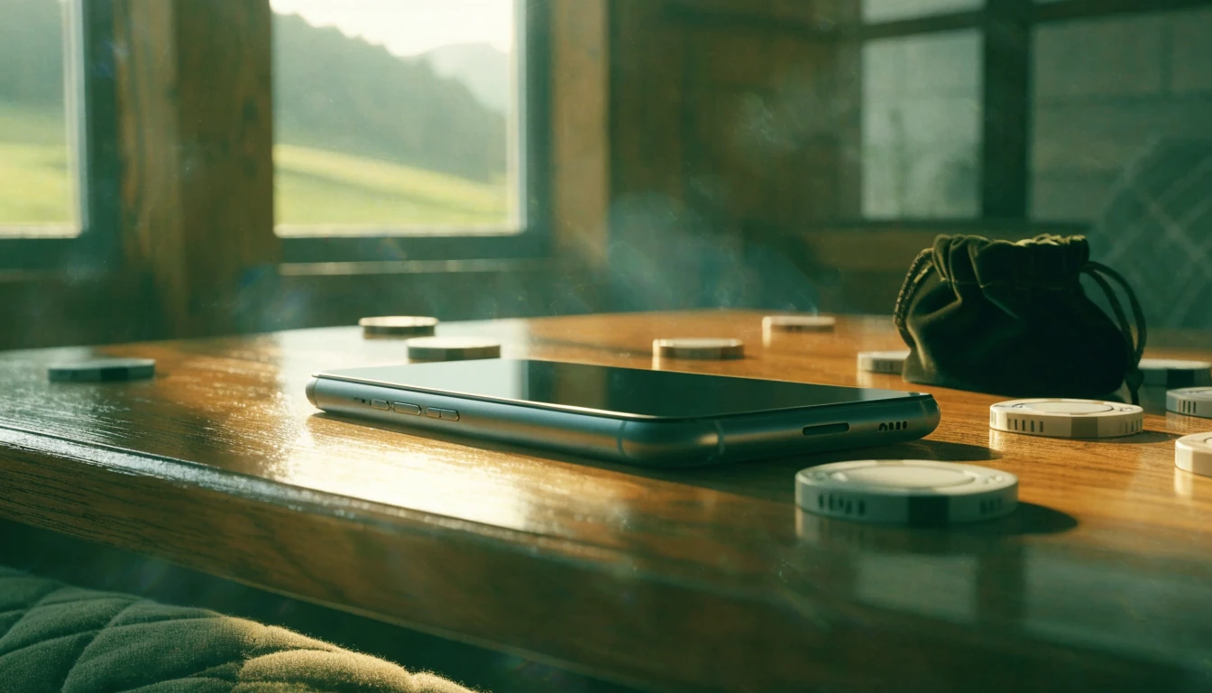 Smartphone on a table with casino chips, New Zealand home setting