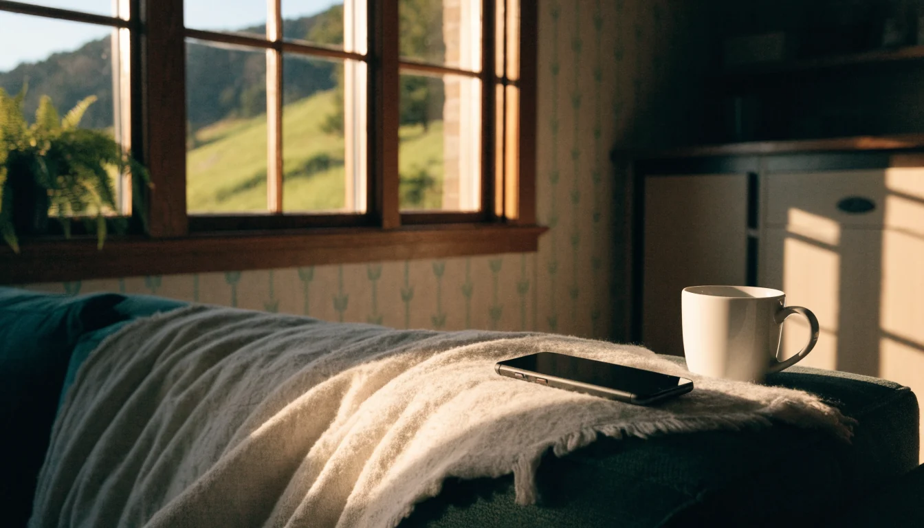 Cozy New Zealand living room with smartphone on couch, golden hour light, green hills outside window