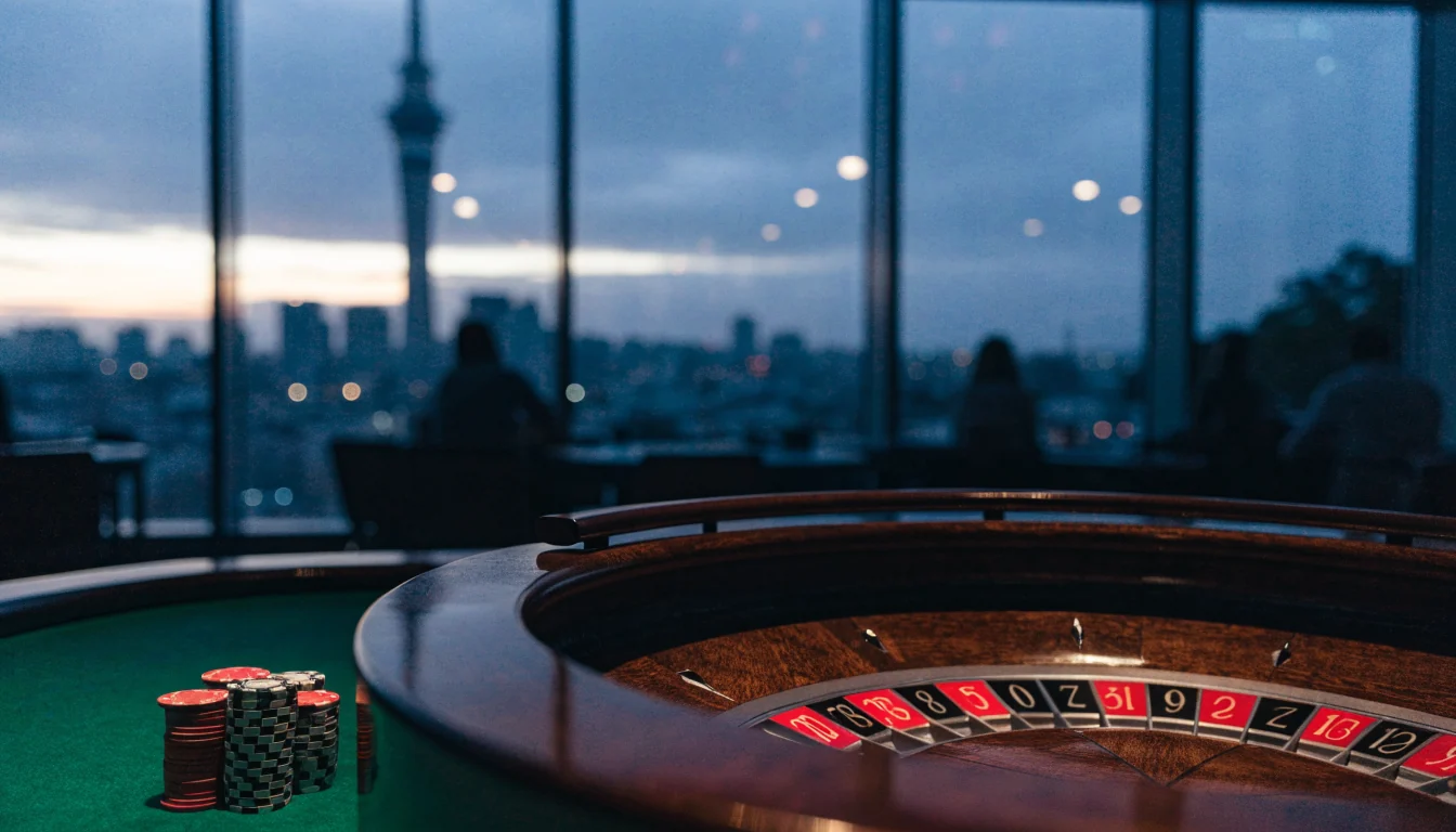 Roulette wheel and chips with Auckland skyline at twilight