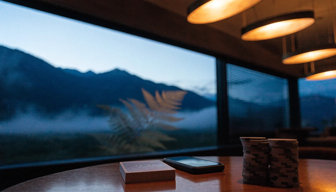 Stylized New Zealand lounge scene with casino chips and mountain view at dusk