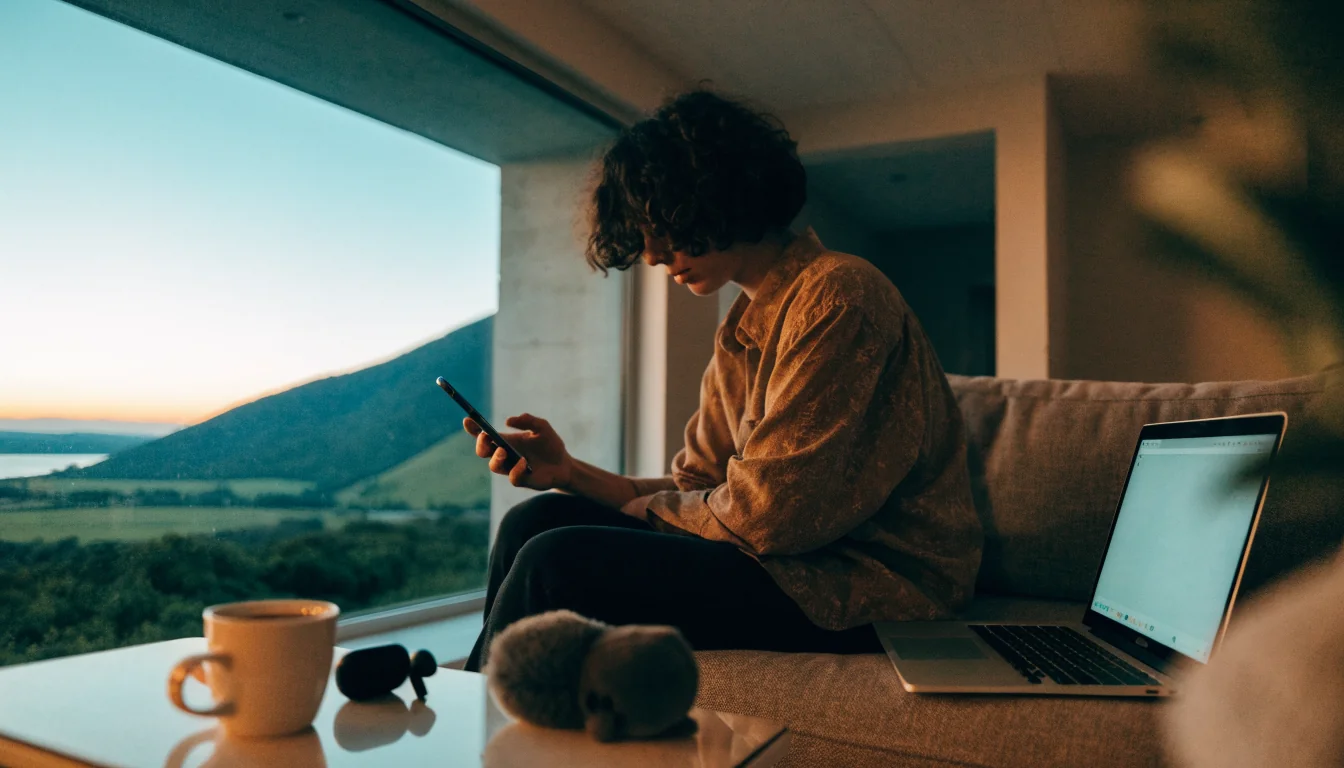 Person relaxing with smartphone and laptop in cozy New Zealand home