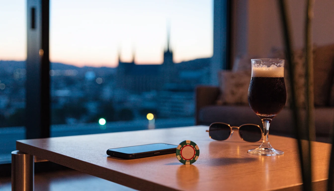 Smartphone and casino chip on a table with Auckland skyline at dusk