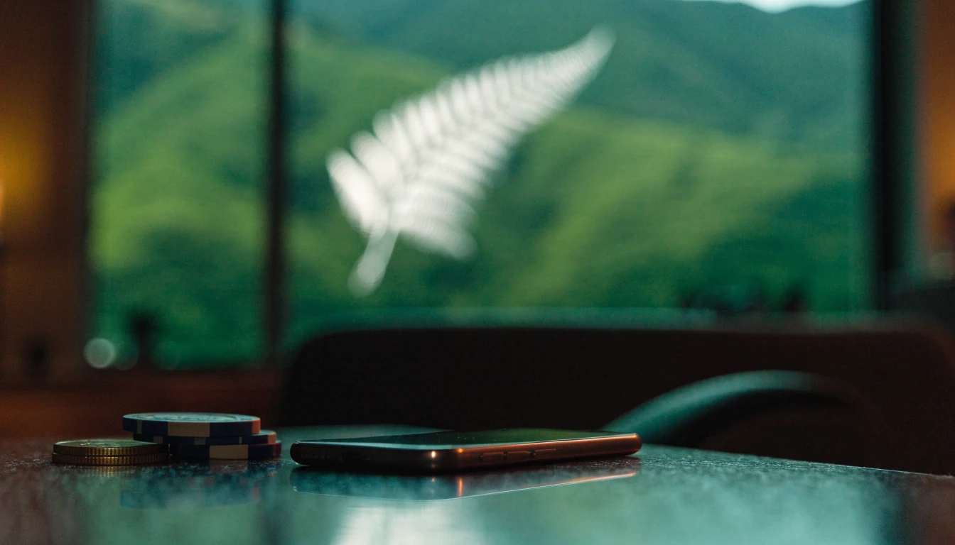 Smartphone face-down beside casino chips with a silver fern and NZ hills in the background.