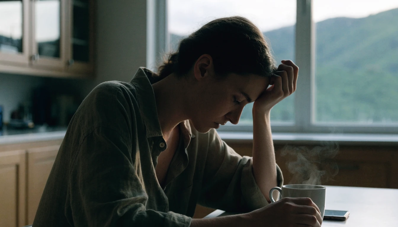 Worried person sitting alone at a kitchen table with phone face-down, reflecting on gambling habits.