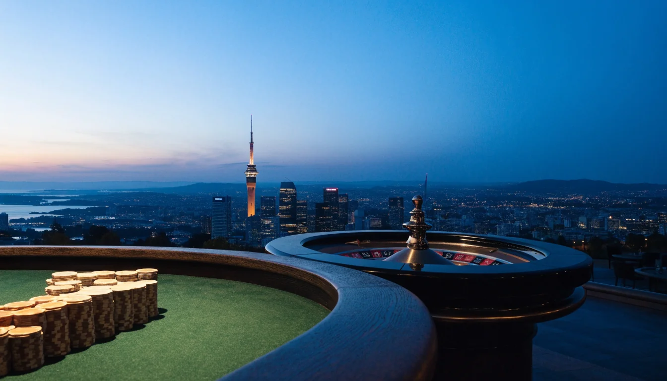 Auckland skyline at dusk with Sky Tower behind an elegant casino lounge.