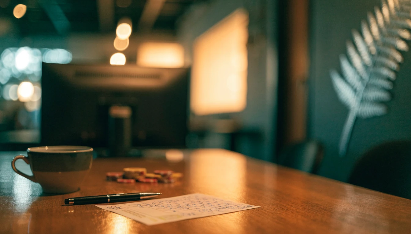 Keno player at wooden table in modern New Zealand gaming lounge with paper ticket and chips