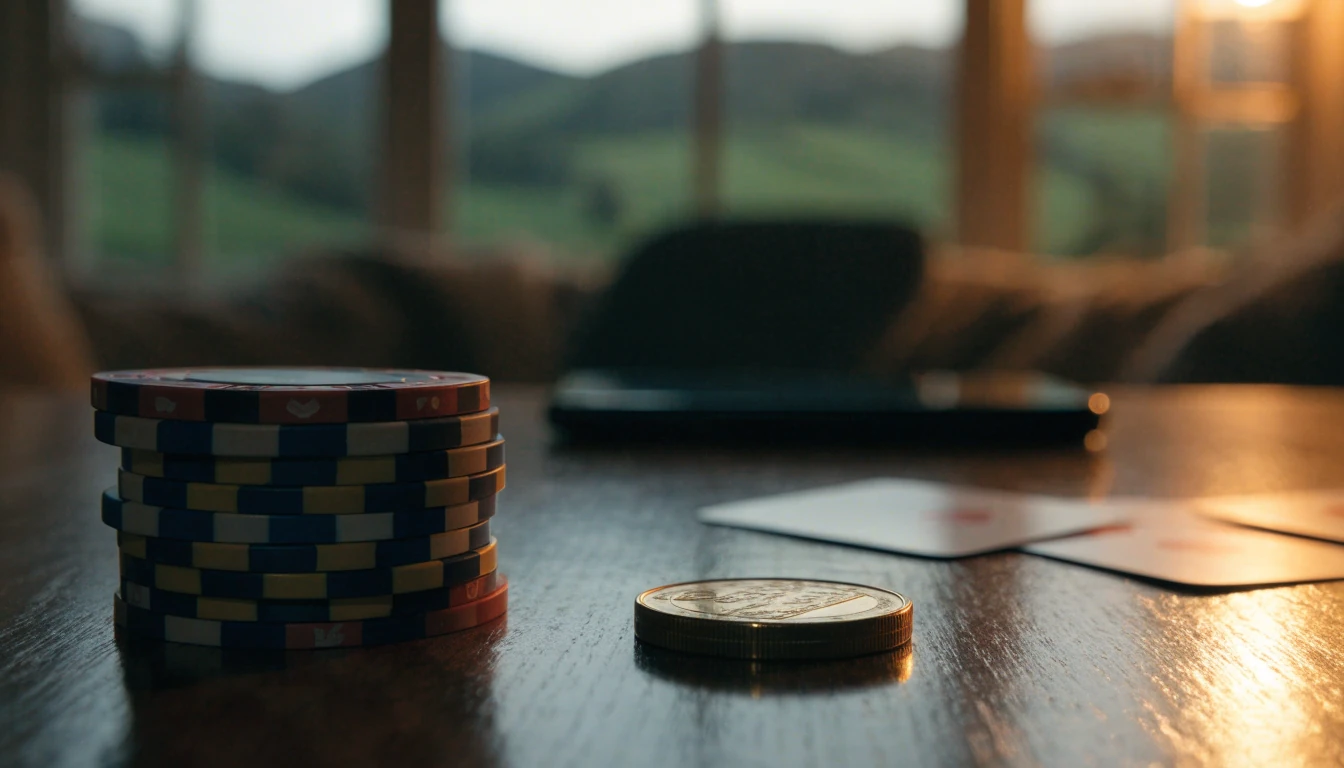 Poker chips, cards and a coin on a table with New Zealand hills in the background