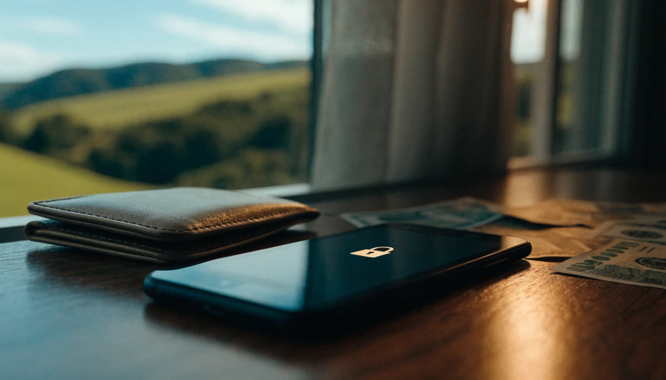 Smartphone with secure payment symbols on a New Zealand home table