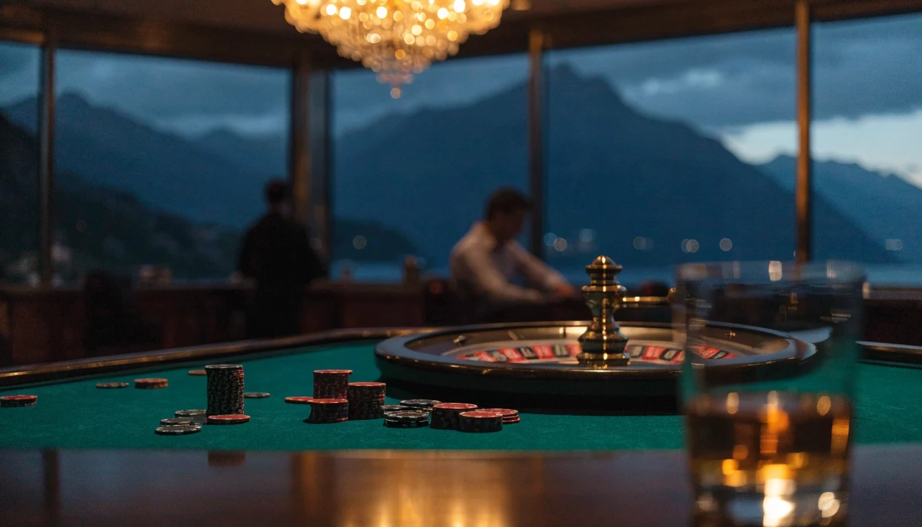 Luxurious casino interior featuring roulette wheel, chips, and New Zealand mountain view