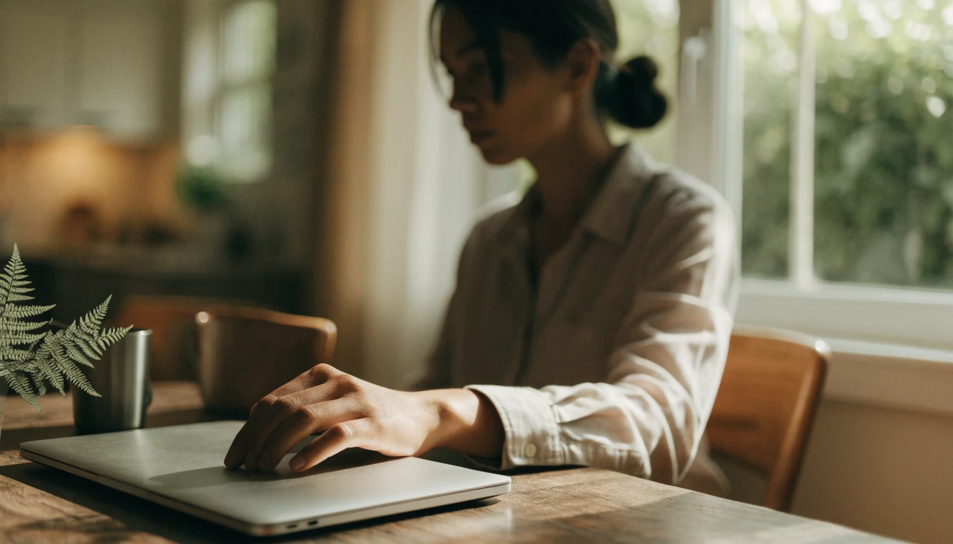 Person resting hand on closed laptop near a silver fern plant
