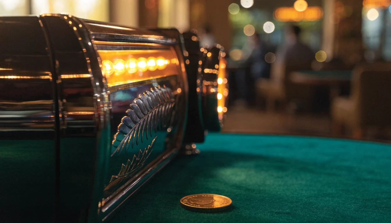 Glowing slot machine in a New Zealand casino lounge with a jackpot coin