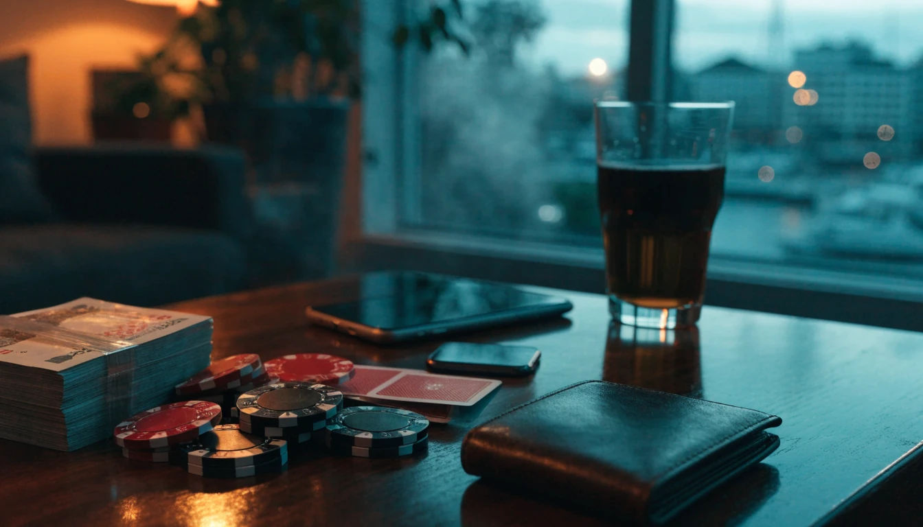 New Zealand dollars, casino chips, and playing cards on a coffee table in an Auckland apartment at dusk.