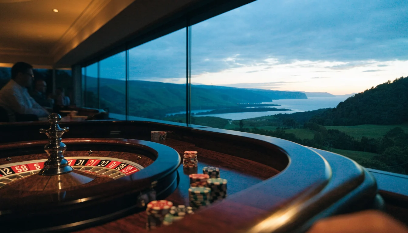 Casino roulette table with chips overlooking New Zealand landscape at twilight