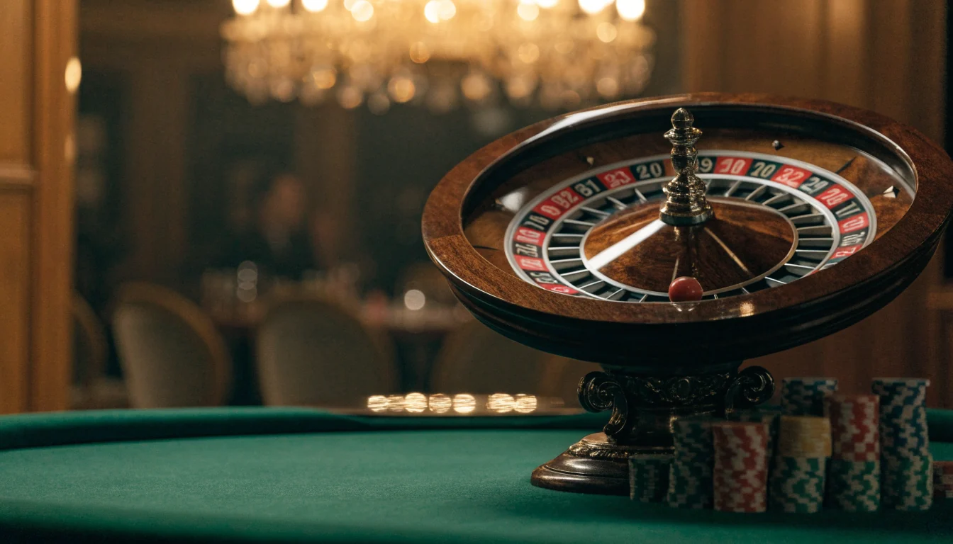 Elegant roulette wheel with chips on a green casino table