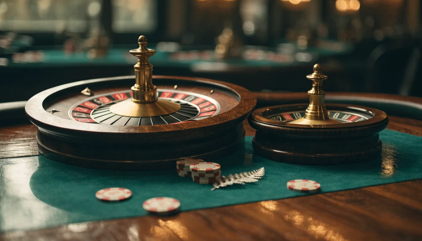 European and mini roulette wheels with chips on a casino table