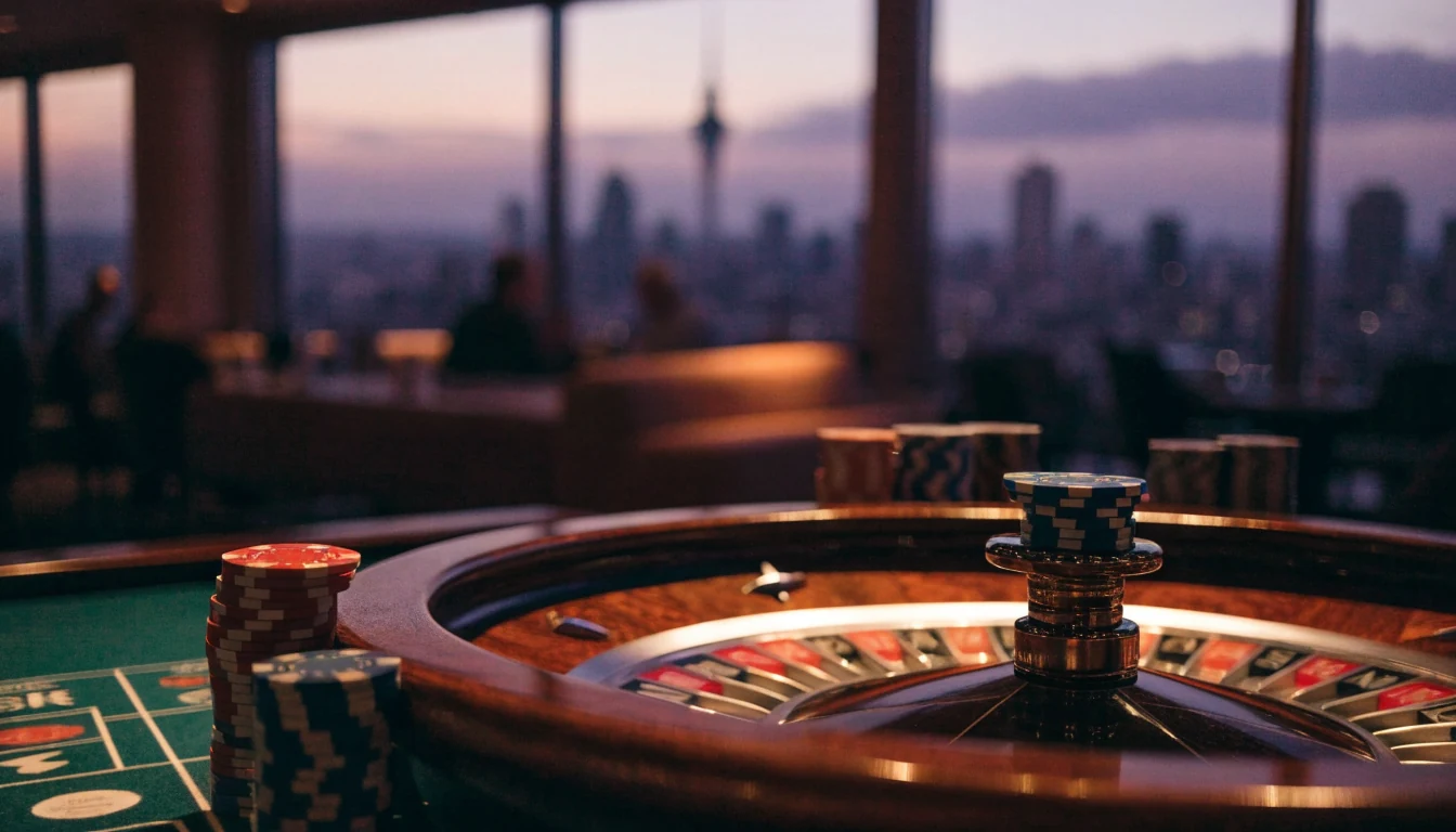 Roulette wheel and chips on a casino table with Auckland skyline at dusk.