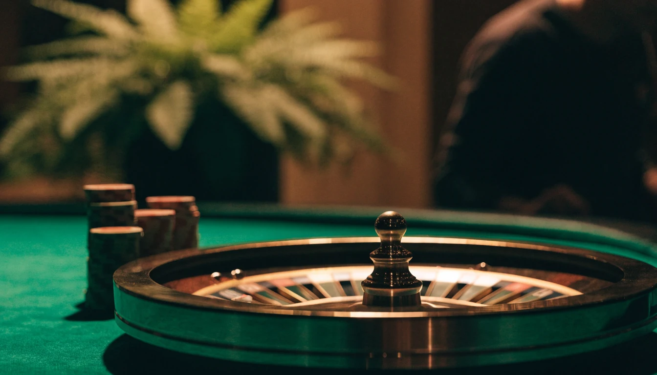 Roulette wheel with casino chips in a moody New Zealand themed room