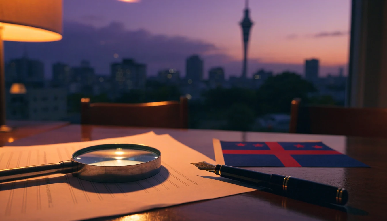 Magnifier on document with New Zealand flag and Auckland skyline at dusk