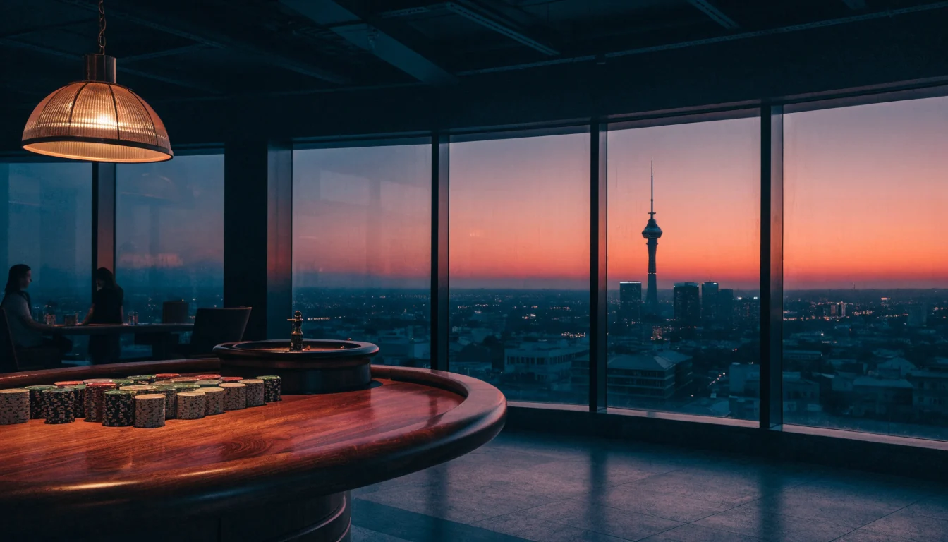 Elegant casino lounge with roulette table overlooking Auckland skyline at sunset
