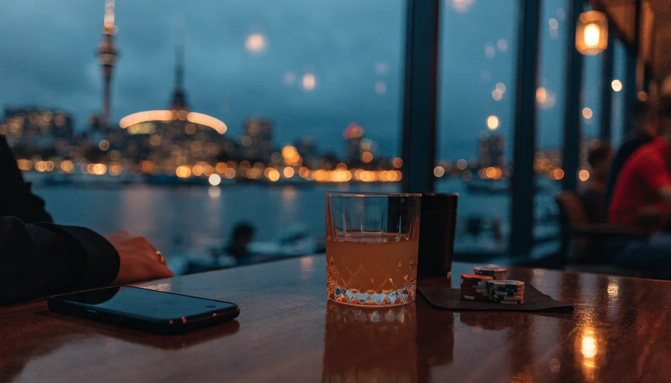 Auckland waterfront lounge scene with smartphone and casino chips at dusk