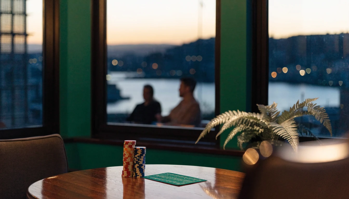 Casino chips and a card layout on a lounge table overlooking Wellington harbor at dusk