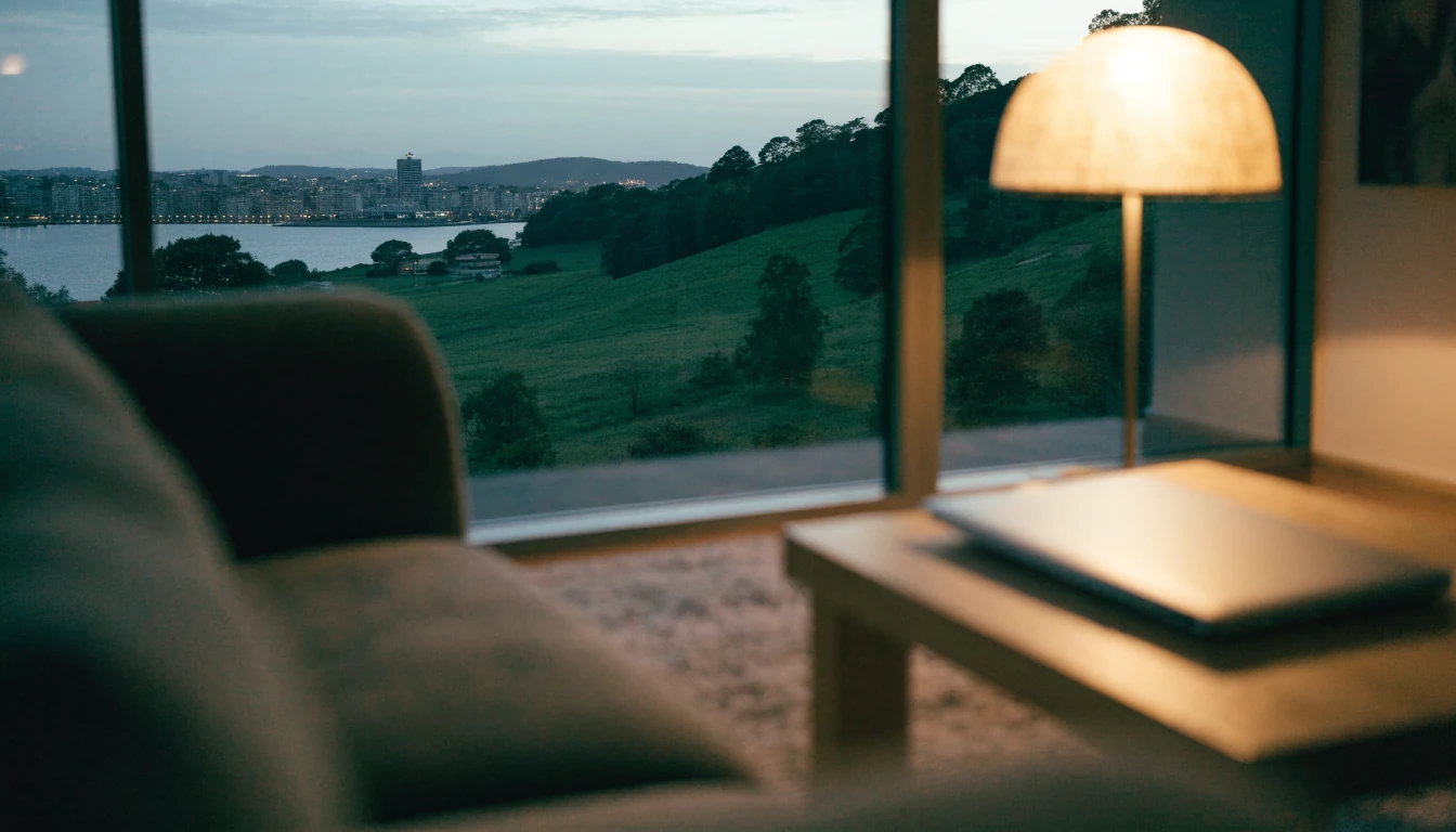 Cozy New Zealand home interior at dusk with closed laptop and harbor view