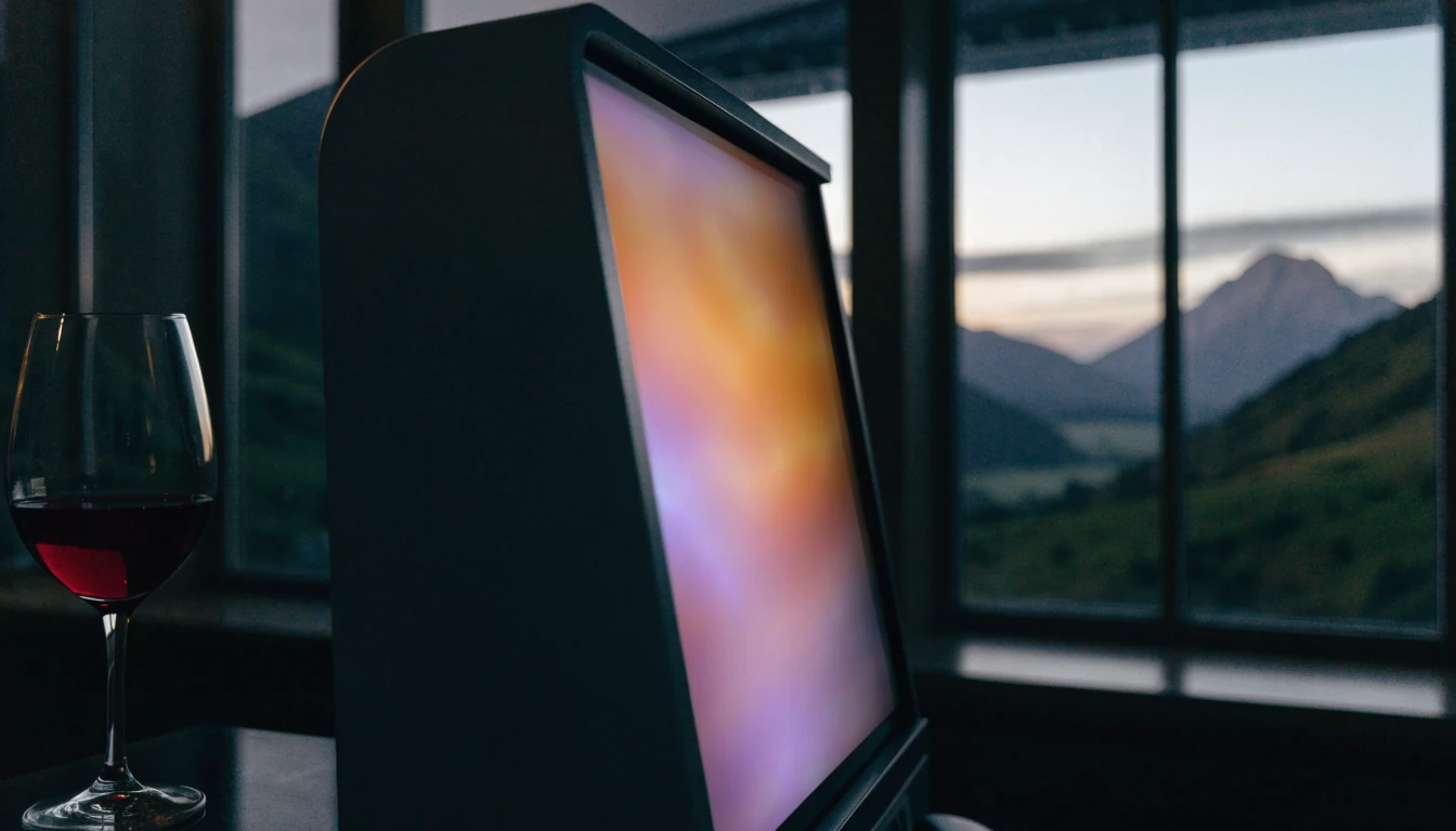 Glowing slot machine with New Zealand hills visible through a window at dusk
