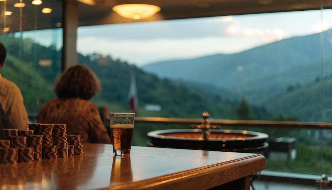 Casino lounge with poker chips and roulette wheel overlooking New Zealand hills at dusk