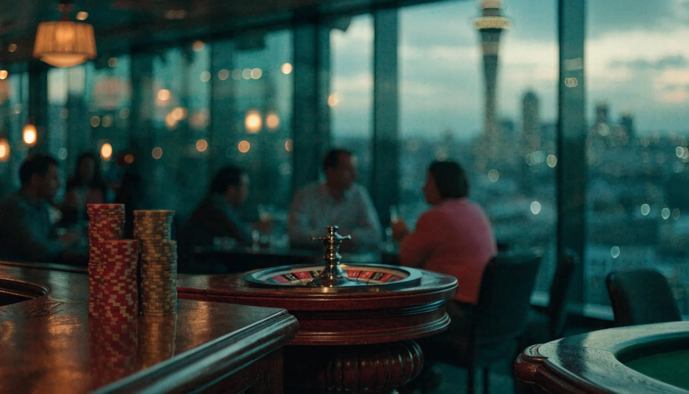 Elegant New Zealand casino interior with chips, card table, and roulette wheel