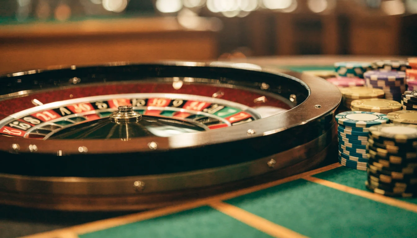 Close-up of a European roulette wheel with a single zero pocket on a casino table