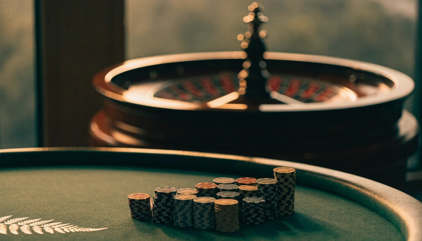 New Zealand casino table with chips and roulette wheel