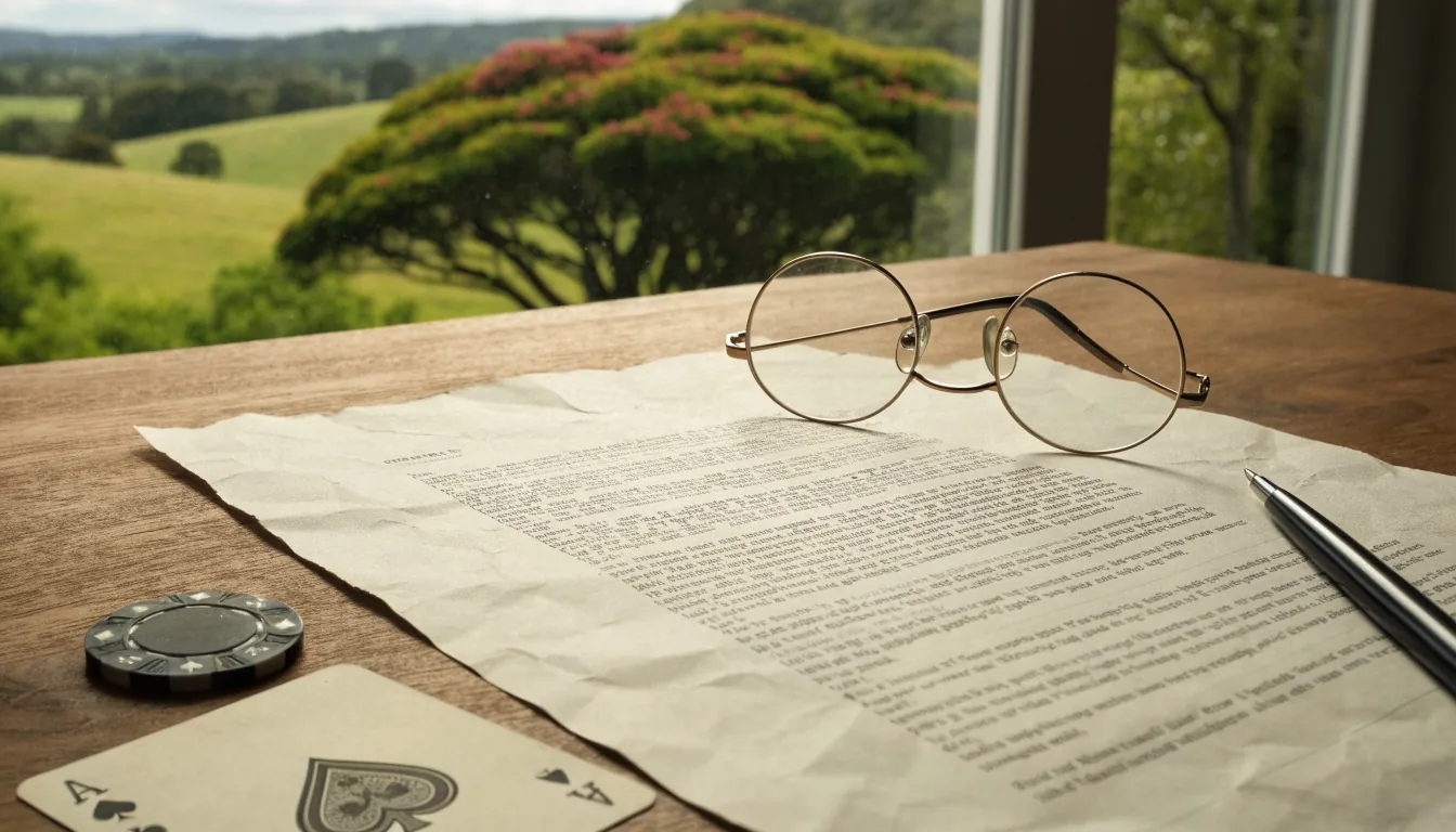 Terms of use document on a wooden desk with casino props and New Zealand countryside view