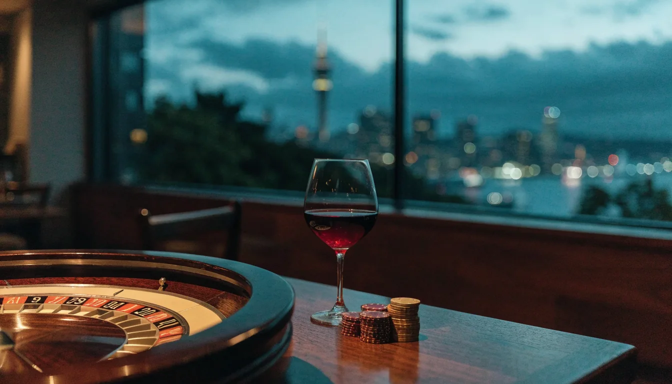Casino chips and roulette wheel on a table with Auckland Sky Tower at dusk.