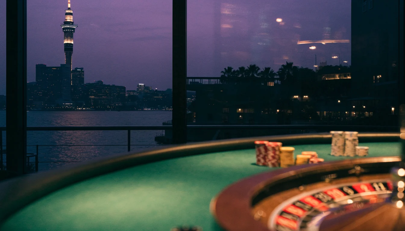 Casino roulette table with chips overlooking Auckland harbour at dusk