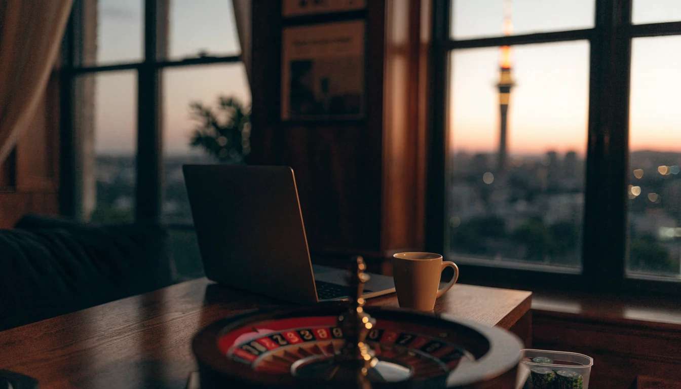 Laptop on desk with roulette wheel and chips, Auckland skyline at dusk