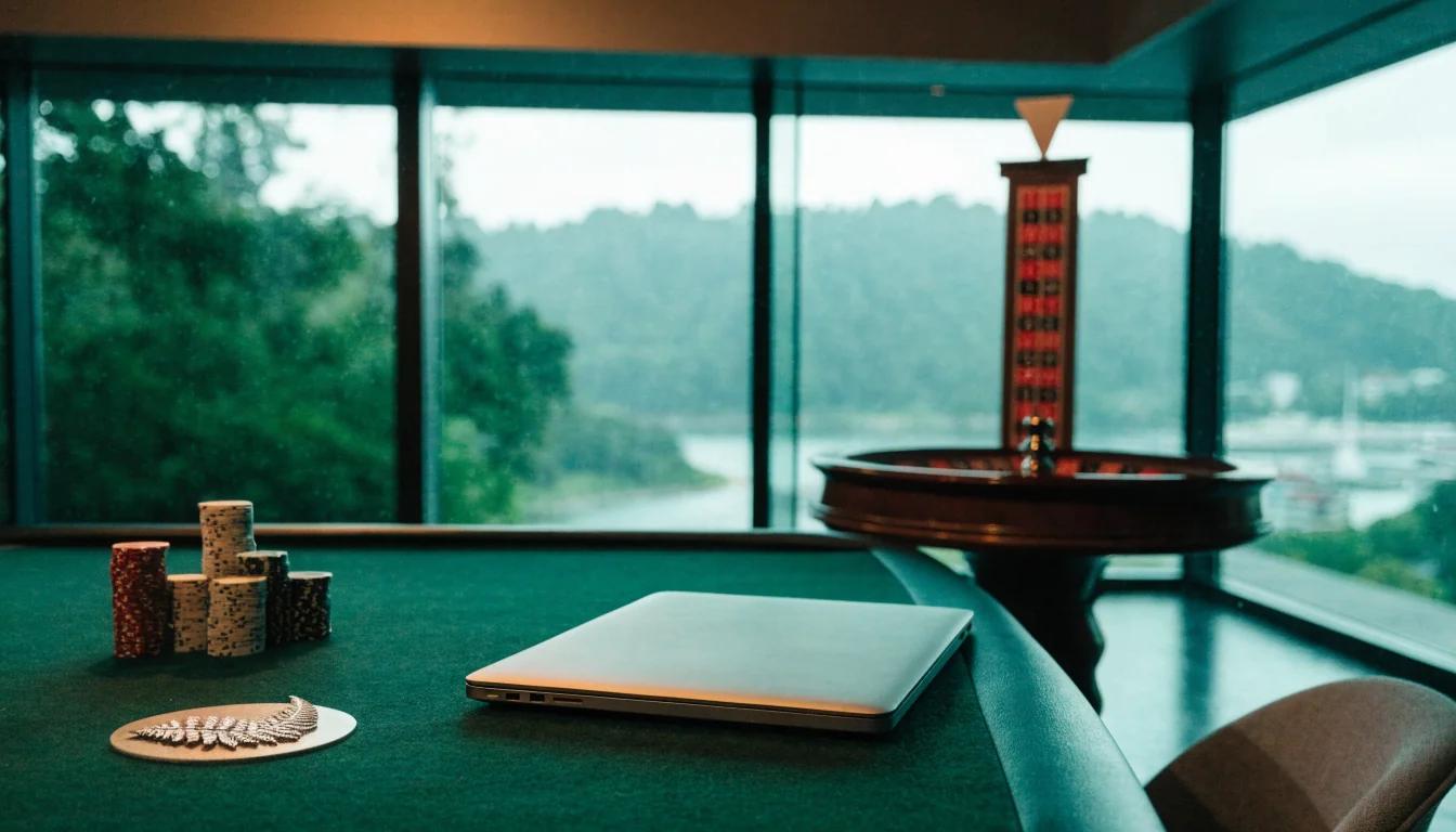 Closed laptop on felt table with chips, roulette wheel, and NZ mountain view